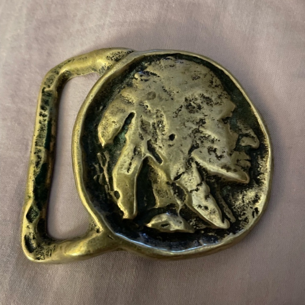 Vintage Belt Buckle, Brass, Indian Head Nickel, Native Design​​​​​​​​​​​​​​​​​